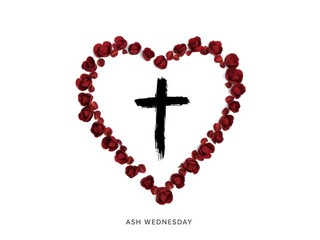 Christian cross inside a heart shape made of red rose petals