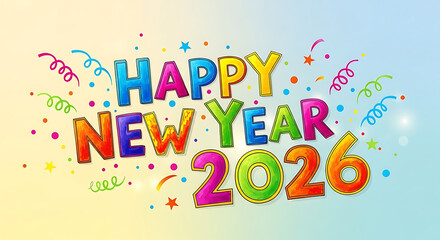 A vibrant and colorful Happy New Year 2026 greeting with festive typography, confetti, stars, and streamers on a light gradient background