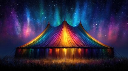 Bright circus tent glowing under starry night concept. A vibrant circus tent under a stunning starry sky with colors.