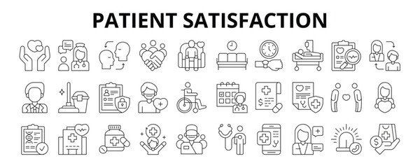30 Patient Satisfaction Line Icons Vector - Care, Communication, Empathy, Trust, Treatment, Diagnosis, Follow Up, Professionalism, Health Service