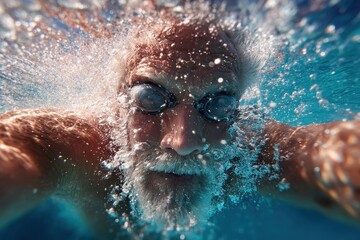 Senior man swimming underwater in a lap pool during a bright day, showing determination and focus on fitness