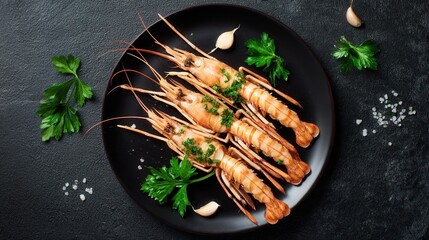 Grilled Langoustines with Garlic and Herbs on Dark Plate. Generative AI