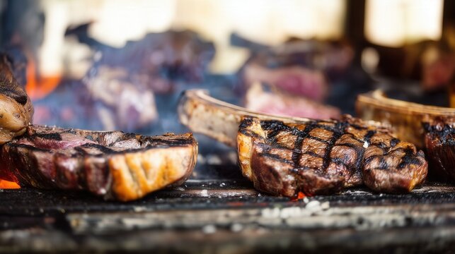 Grilled Steaks on Smoky Open Flame. Generative AI - Powered by Adobe