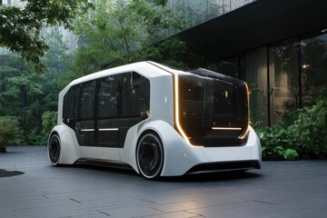 Innovative selfdriving vehicle design captured in a modern urban setting featuring a sleek exterior and advanced features for future transportation