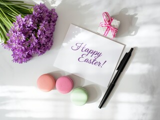 Happy easter greeting card with spring flowers and macarons
