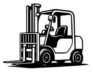 Industrial forklift illustration in a bold black and white graphic style, featuring a subtle burger motif. Combines logistics, warehouse operations, and food service/delivery concepts.