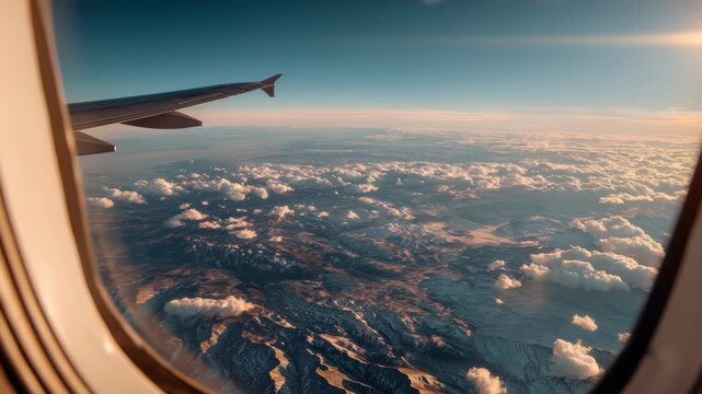 Vibrant aerial view from an airplane window showcasing fluffy clouds and distant mountains during a clear afternoon flight over scenic landscapes