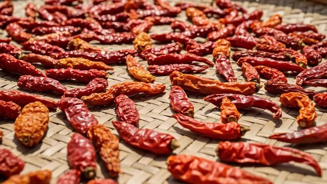 Sunlit dried chili peppers spread on traditional woven tray for natural drying process