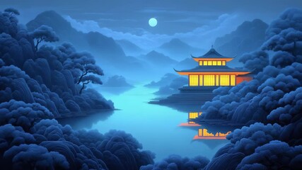 Tang Style Architecture, Moonlit Night, Landscape, Beautiful Artistic Conception