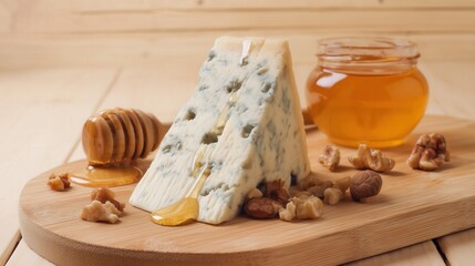 Blue cheese wedge with honey and walnuts on wooden board. Generative AI