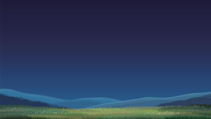 Night Sky Vector Landscape Deep Blue Over Meadow and Mountains