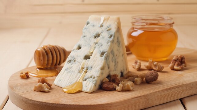 Blue cheese wedge with honey and walnuts on wooden board. Generative AI - Powered by Adobe