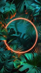 Elegant tropical circle-shaped frame made of exotic emerald leaves and neon lighting. Stylish fashion banner. Plants are illuminated with purple, orange, and pink fluorescent light.