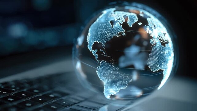 Rotating digital earth globe hologram displayed above a laptop showcasing global connectivity and technology advancements - Powered by Adobe