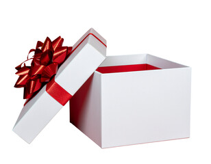Open white gift box with red ribbon isolated on transparent background, perfect for any occasion