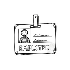 Hand drawn doodle employee id card with photo and text isolated on transparent background