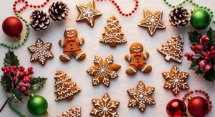 Festive Christmas gingerbread cookies arranged with ornaments and pine cones on a white surface.