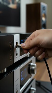 Hand Plugging Cable Into Silver Audio Amplifier Stack Soft Lighting