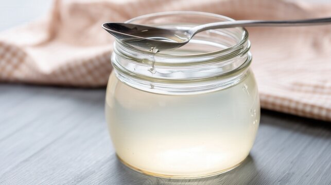 Glass jar with clear syrup and spoon on top. Generative AI