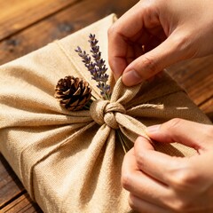 Hands Tying a Gift. Furoshiki-Style Eco-Friendly Gift Wrapping