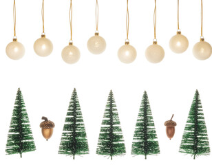 Christmas decoration with white baubles, green fir trees and acorns isolated on transparent background