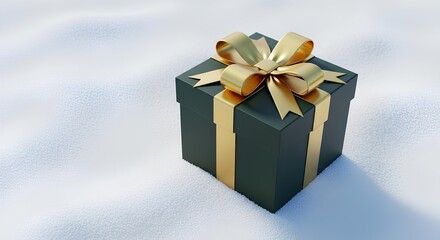 A dark green gift box with a gold ribbon sitting on a white surface.