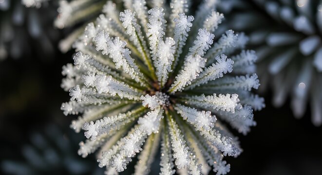 Close-up of a pine branch covered in frost, showcasing the intricate ice crystals and the evergreen needles.