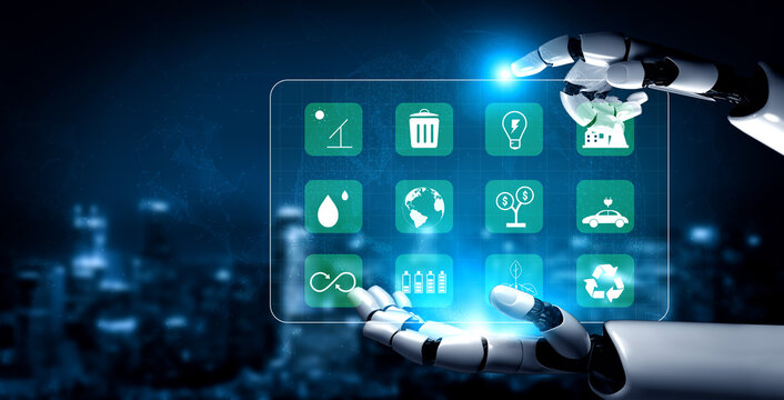 Using AI to manage green energy and sustainability. AI systems for renewable resources and eco friendly technology for environmental protection. Motif