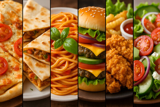 Mouthwatering medley of pizza, quesadillas, pasta, burgers, fried chicken and fresh salad to inspire your next delicious meal ideas - Powered by Adobe