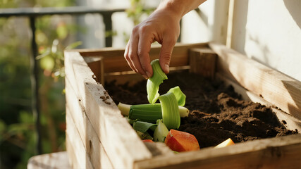 A faceless person's hands add fresh green vegetable scraps into a rustic wooden compost bin full of rich dark soil at home