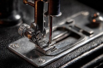 Closeup view of sewing machine showing intricate details and mechanisms with needle and presser foot in focus