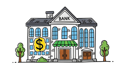 Bank building with green awning and dollar sign illustration  