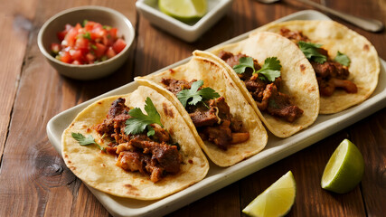 A faceless person's hands squeeze a fresh lime wedge over beautifully plated tacos on a rustic wooden table in warm light