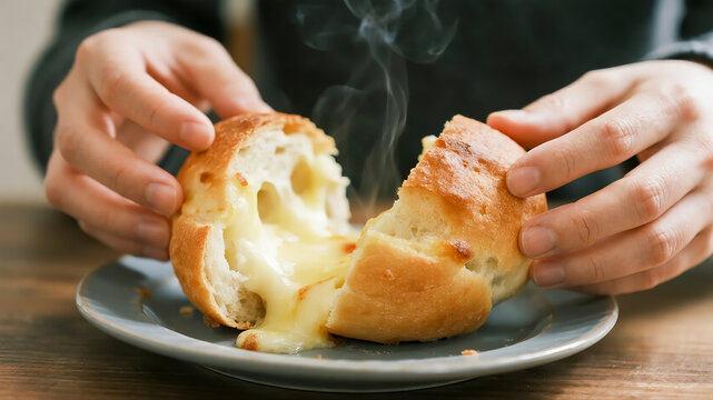A faceless person's hands tear a warm freshly baked P&atilde;o de Queijo in half revealing the melted elastic cheese inside on a rustic wooden table