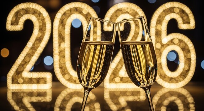 Two champagne glasses clinking in front of glowing “2026” lights. Festive atmosphere with golden reflections and celebratory mood. New Year’s Eve, party invitations