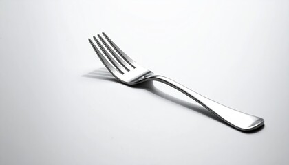Gleaming silver fork rests diagonally on reflective white