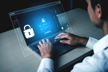 Concept of cybersecurity and data privacy. A secure login interface requires user authentication with a private password to protect personal account information and prevent fraud. Fermion