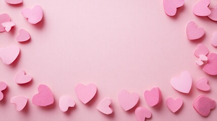 A collection of pink hearts arranged on a soft pink background. The hearts vary in size and texture, creating a playful and romantic atmosphere.