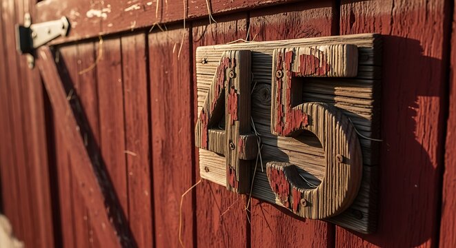 Rustic Wooden Number 45 Sign on Red Barn Door Vintage Exterior Detail