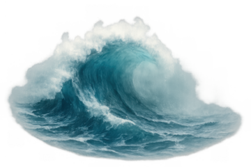 Powerful ocean wave crashing with white foam and turbulent water on transparent background, symbolizing natural force