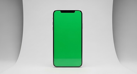 Sleek modern smartphone with a vibrant green screen for easy content replacement, professionally isolated on a clean white background, perfect for digital mockups and app demonstrations