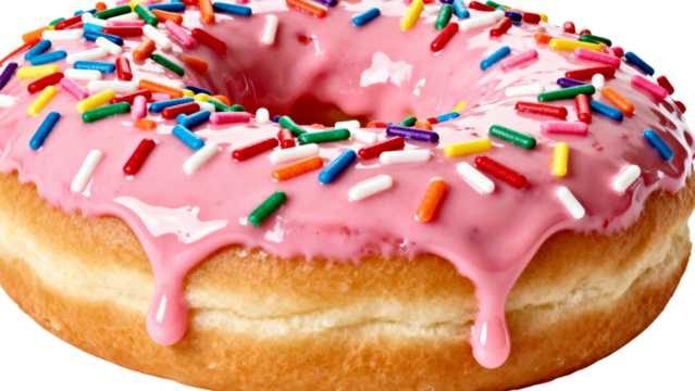 Close Up Pink Frosted Donut with Rainbow Sprinkles
