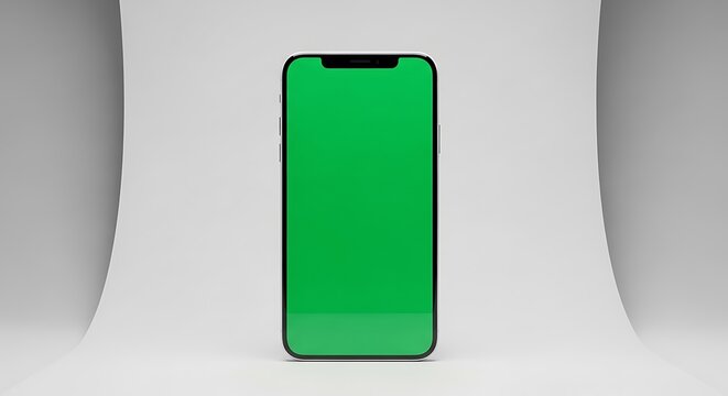 Sleek modern smartphone with a vibrant green screen for easy content replacement, professionally isolated on a clean white background, perfect for digital mockups and app demonstrations