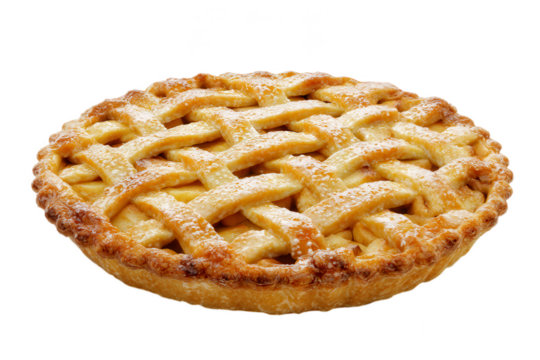 A beautifully baked whole apple pie showcasing a golden lattice crust generously dusted with sweet powdered sugar