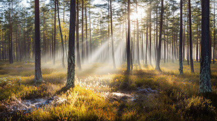 Obraz premium confinement. Atmospheric pine forest with morning mist and gentle light filtering through trees. travel magazines, destination branding, designed for outdoor magazines and nature guides.