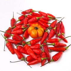 Red chilies arranged in circular with a yellow tomato in the middle. Red chili peppers (Capsicum annuum) are arranged in a circular pattern on a white background, surrounding a single orange tomato