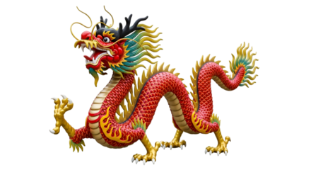 Majestic detailed red and gold Chinese dragon statue, bringing fortune and good luck for Lunar New Year celebrations, cultural festivals, and grand openings
