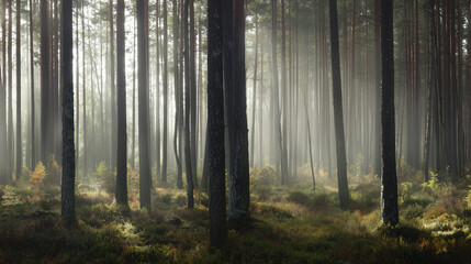 Fototapeta premium confinement. Atmospheric pine forest with morning mist and gentle light filtering through trees. travel magazines, destination branding, designed for outdoor magazines and nature guides.