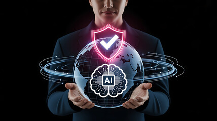 Man holding a digital globe with AI brain and security shield overlay demonstrating technology