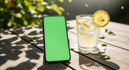 A smartphone with a blank green screen for mockup purposes, sitting on a sun-dappled wooden deck next to a cool glass of lemonade